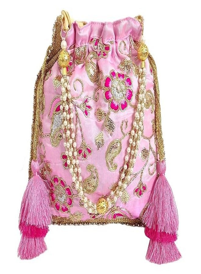 داتشيس حقيبة بوتلي نسائية من دوقة، مزينة بنقوش زهرية وردية اللون مع شرابة (عبوة من 3 قطع) - Image 2